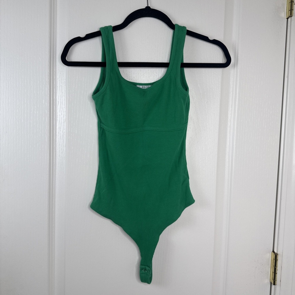 Reoria Green Ribbed Bodysuit Sz S Square Neck Sleeveless Snap Closure Stretch